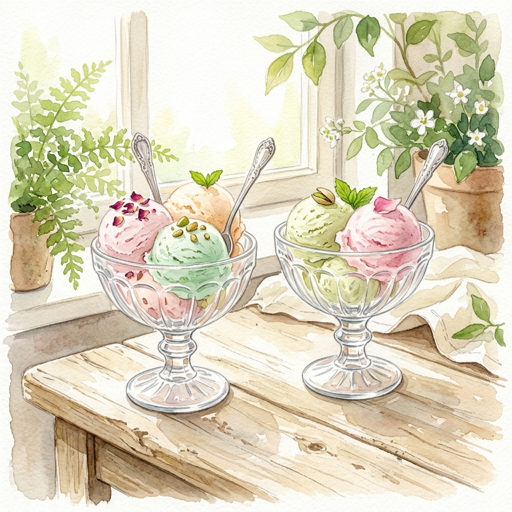 Two vintage parfait dishes, one with two scoops and one with three scoops