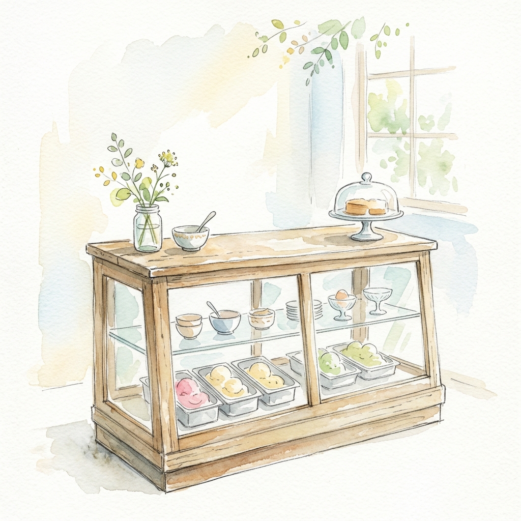 Simple watercolor of a Victorian ice cream parlor with a cabinet and dessert table